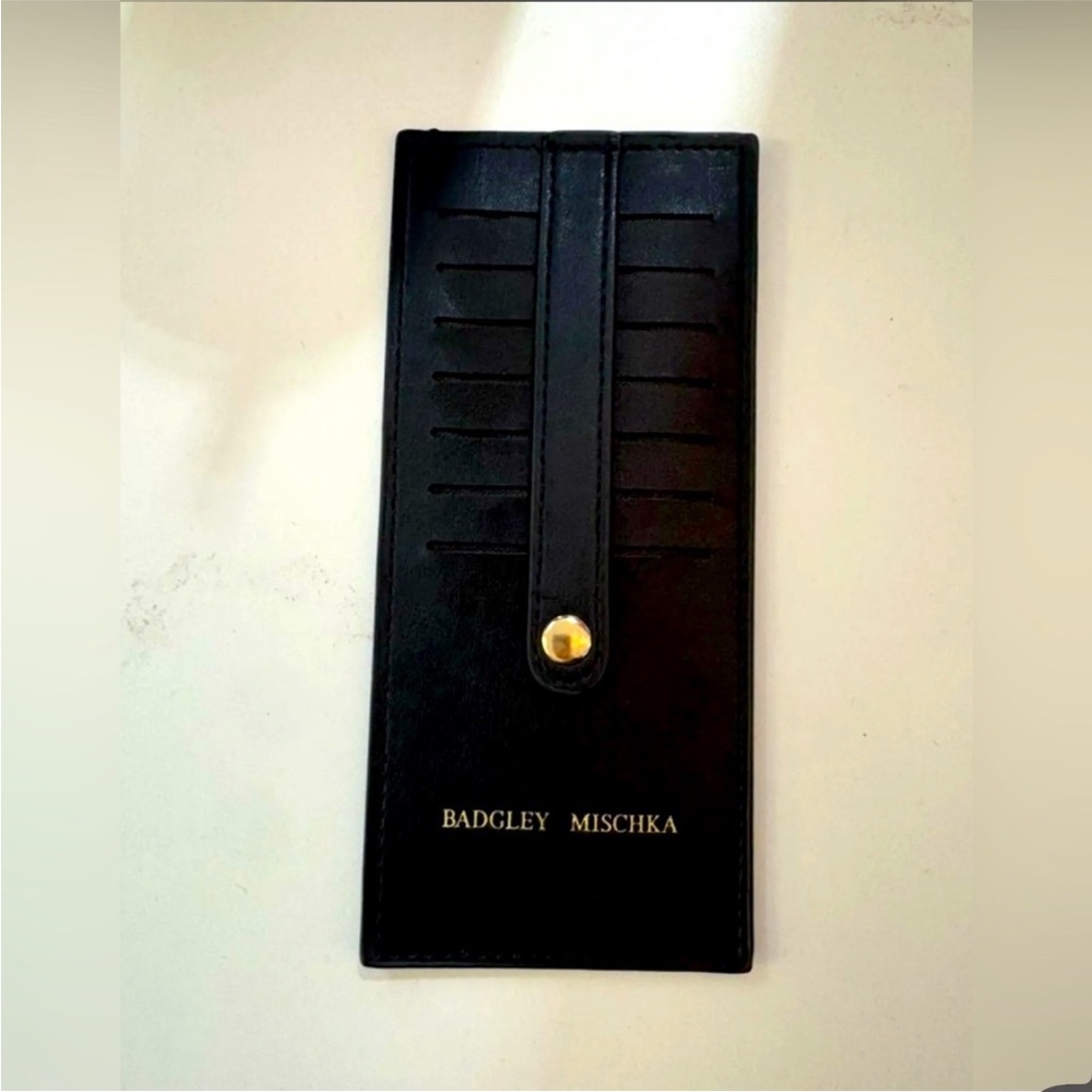 Badgley Mischka Black Card Holder With 7 CC Slots with Gold Accent Safety Strap